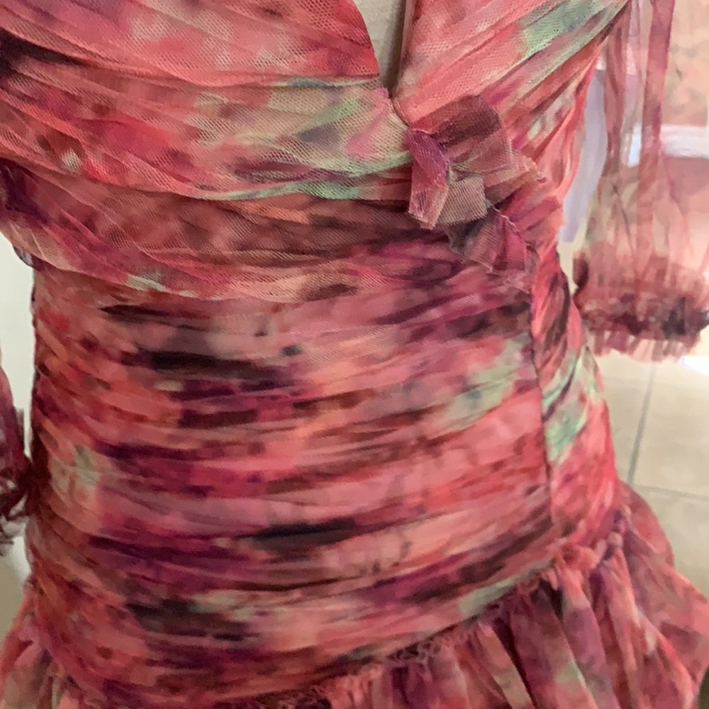 Multicolored pink floral graphic runched tulle bodycon mini dress - Picture 5 of 16